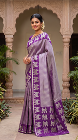 Purple Semi Silk Saree with Jhumka Motif Weaving and Contrast Border, Includes Blouse Piece