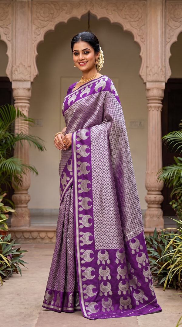 Purple Semi Silk Saree with Jhumka Motif Weaving and Contrast Border, Includes Blouse Piece