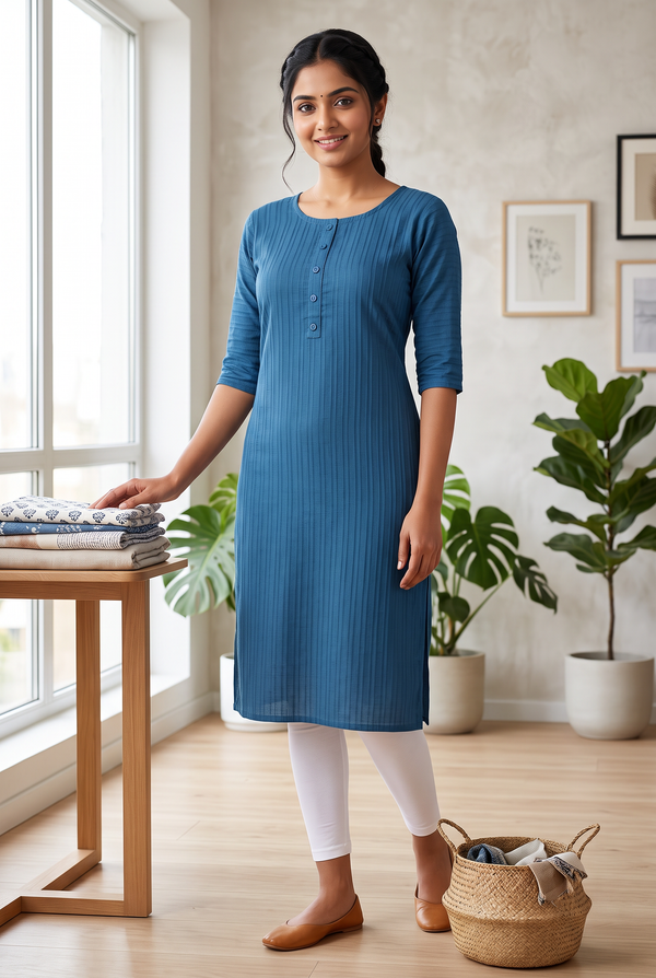 Blue Rayon Kurti – Popcorn Fabric Lightweight Daily Wear