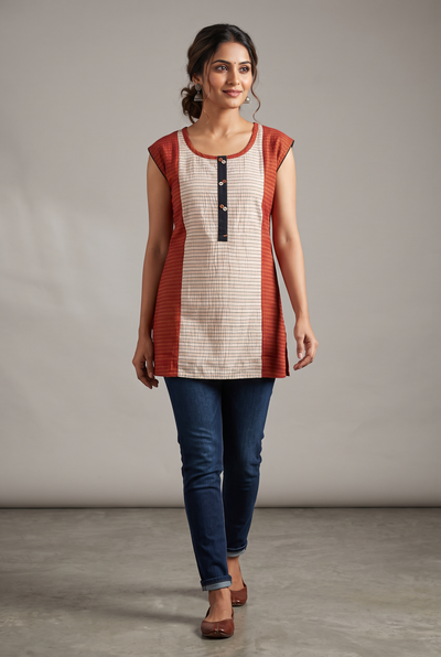 Cream Cotton Kurti – Dual-Tone Short 28in