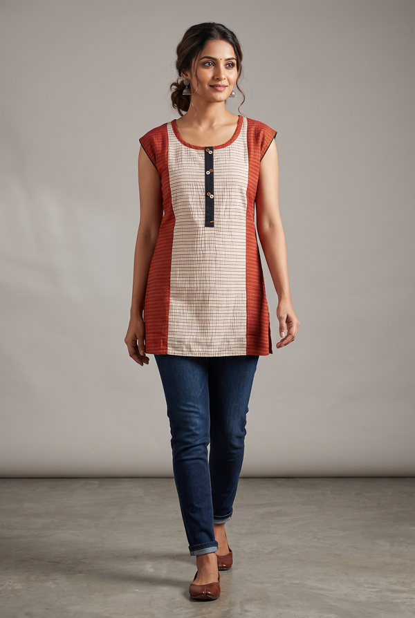Cream Cotton Kurti – Dual-Tone Short 28in