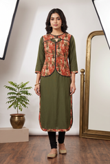 Green Rayon Kurti – 46in Long with Short Overcoat