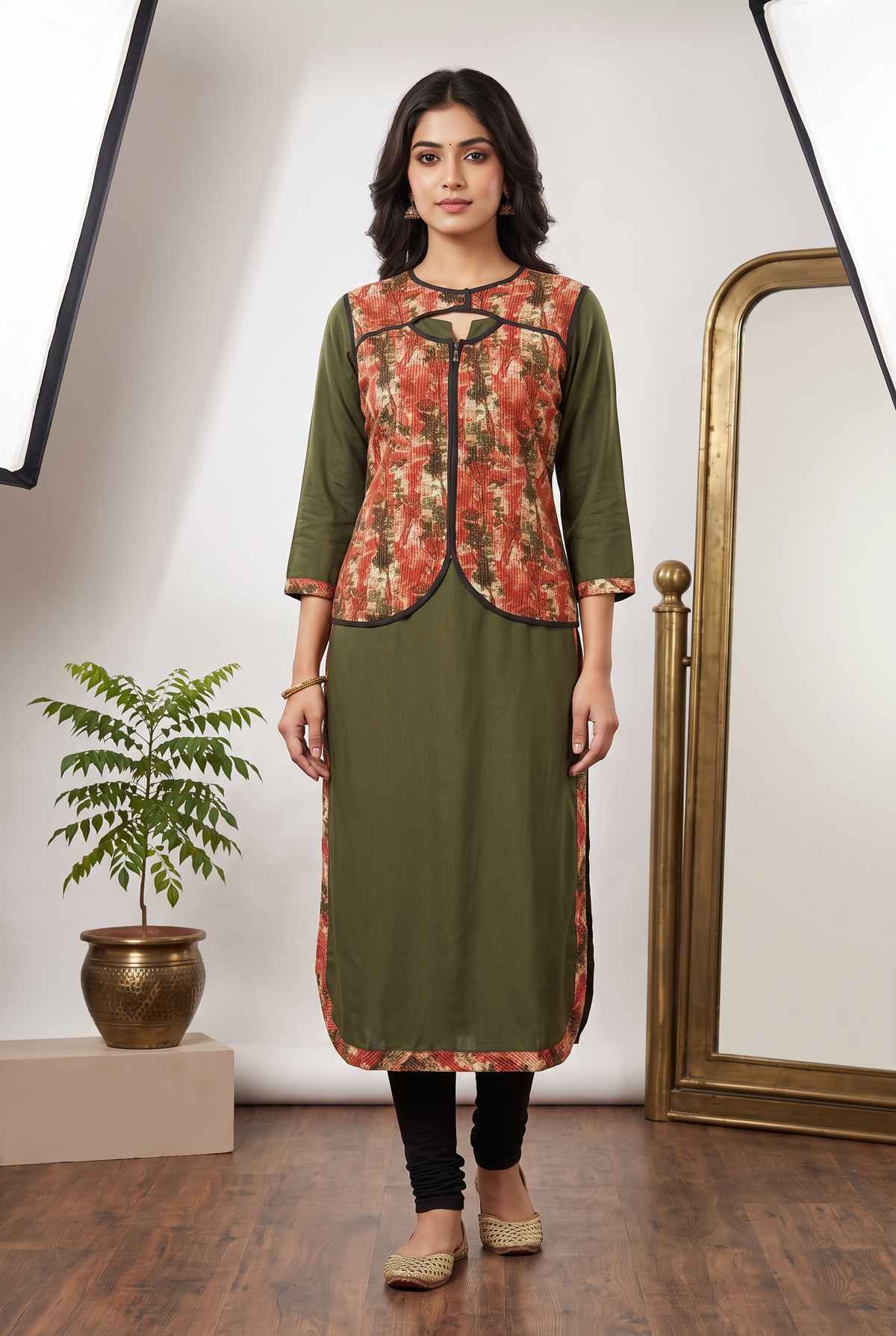 Green Rayon Kurti – 46in Long with Short Overcoat