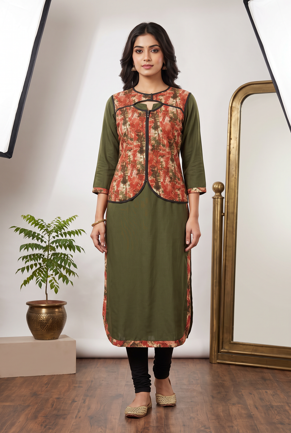 Green Rayon Kurti – 46in Long with Short Overcoat