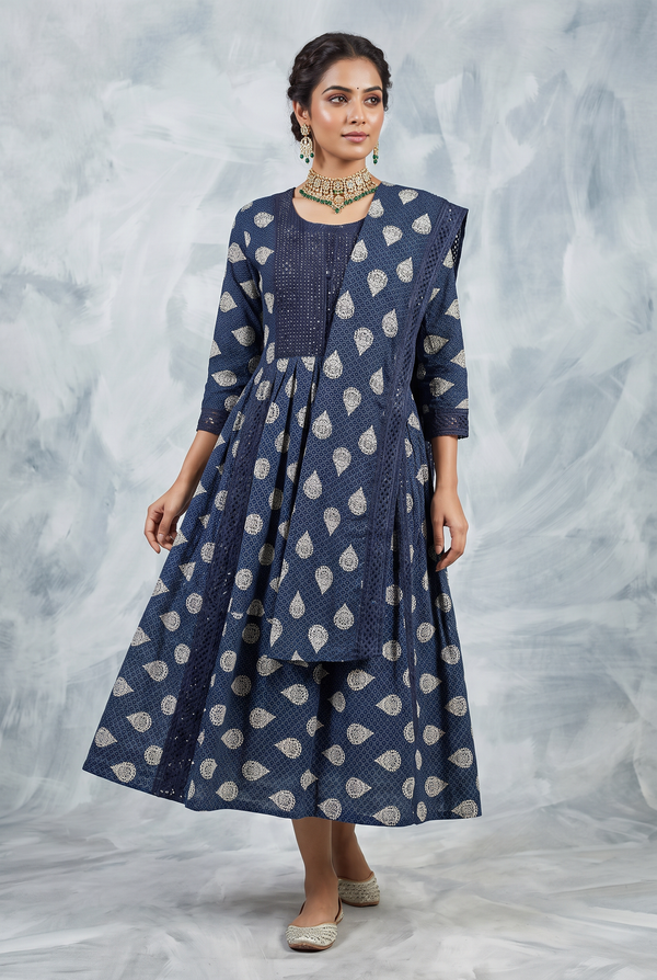 Navy Anarkali Kurti with Dupatta – Cotton 2-Piece Set