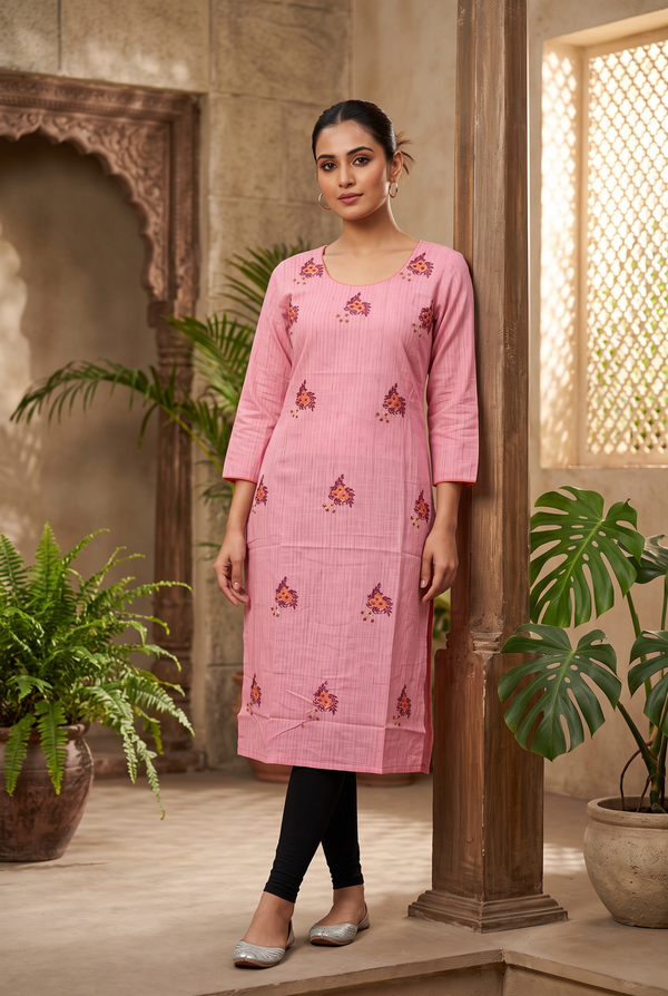 Pink Cotton Kurti – Beads & Embroidery, 43in Long