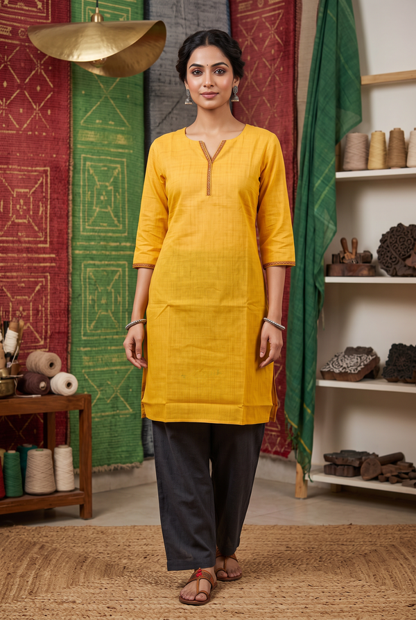 Yellow Cotton Kurti – Handloom Embroidered Semi-Cotton