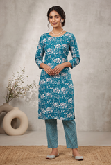 Blue Cotton Kurta Set – Printed 2-Piece for Women