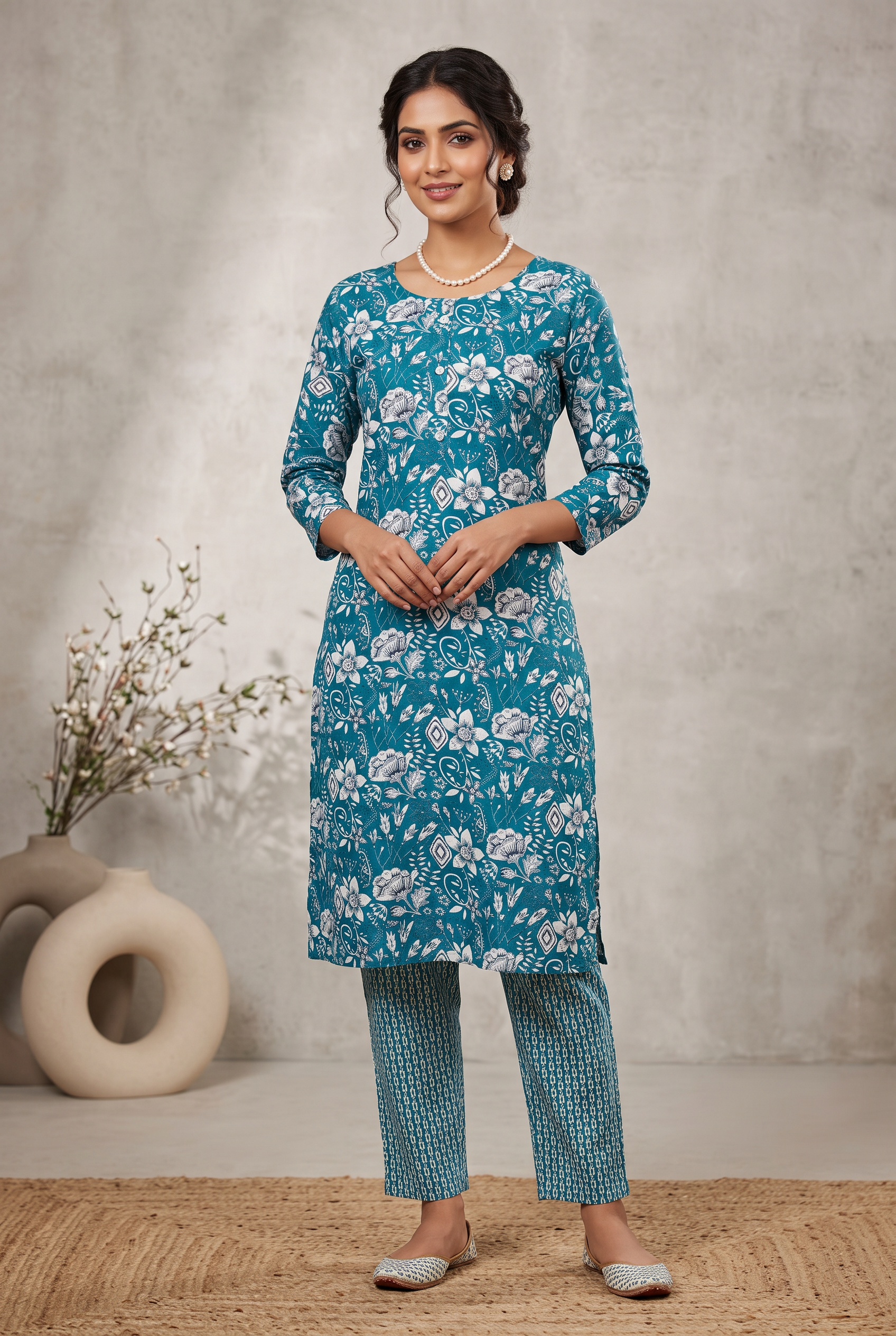 Blue Cotton Kurta Set – Printed 2-Piece for Women