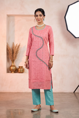 Pink Silk Kurti Set – Pearl & Aari Work 2-Piece with Pant