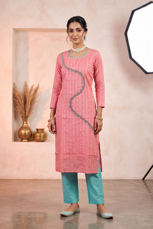 Pink Silk Kurti Set – Pearl & Aari Work 2-Piece with Pant