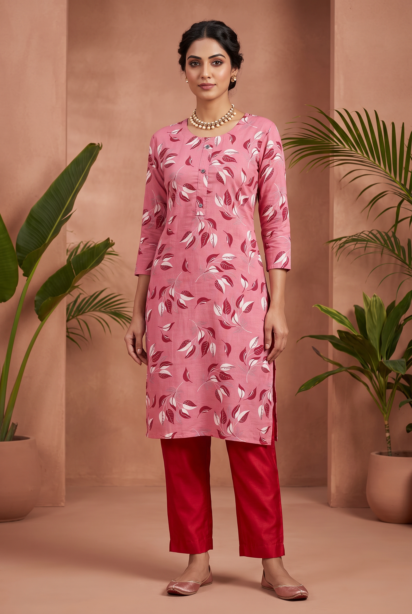 Amaranth Pink Cotton Kurta Set – Leaf Print 2-Piece