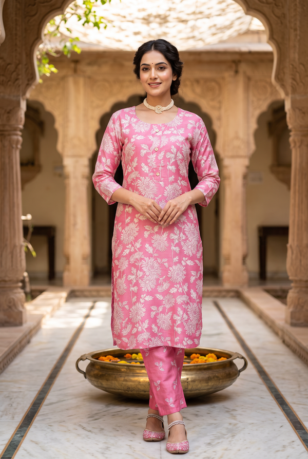 Pink Cotton Kurta Set – Floral 2-Piece for Women