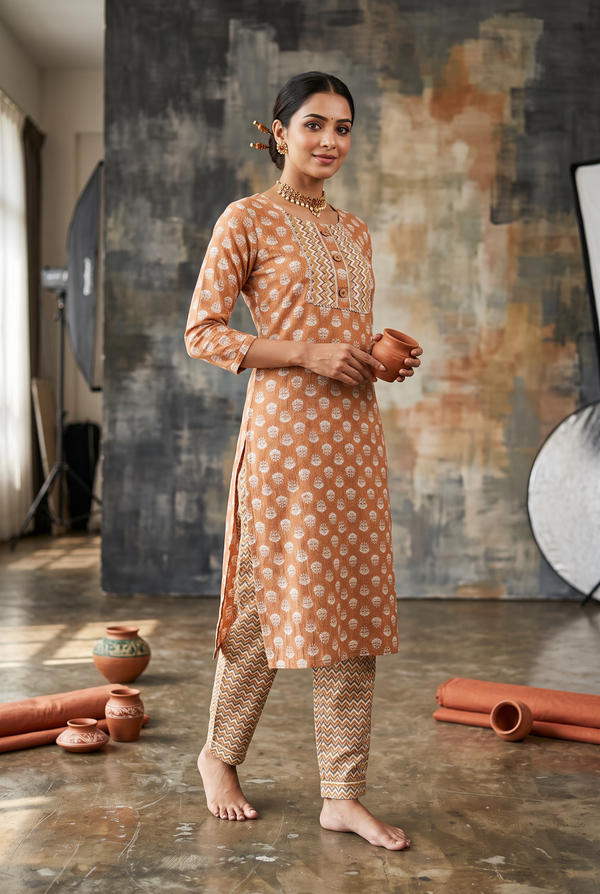 Cotton Kurti Set – 2-Piece with Elastic Pant for Women
