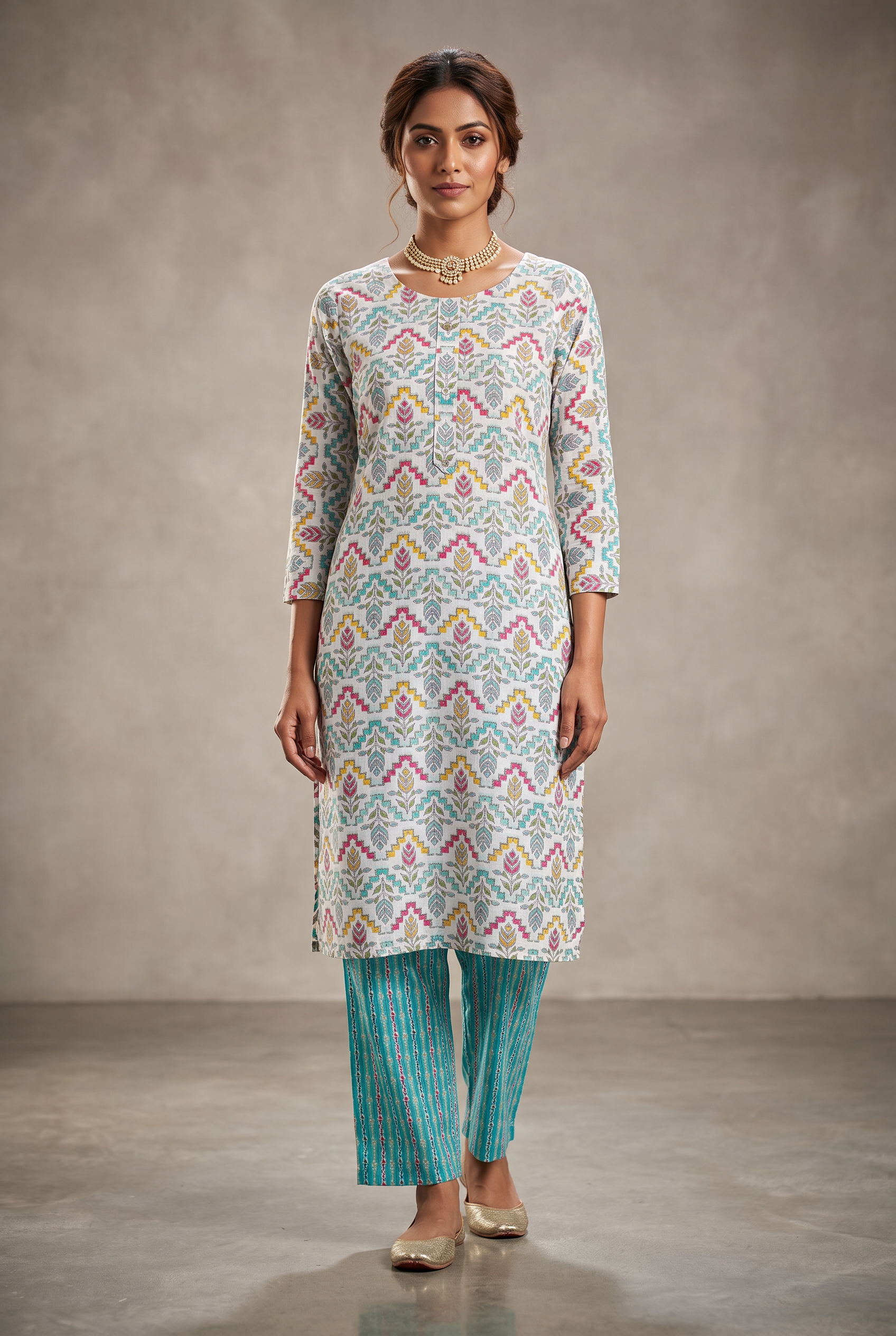 Cream Cotton Kurta Set – Printed Kurti with Elastic Pant