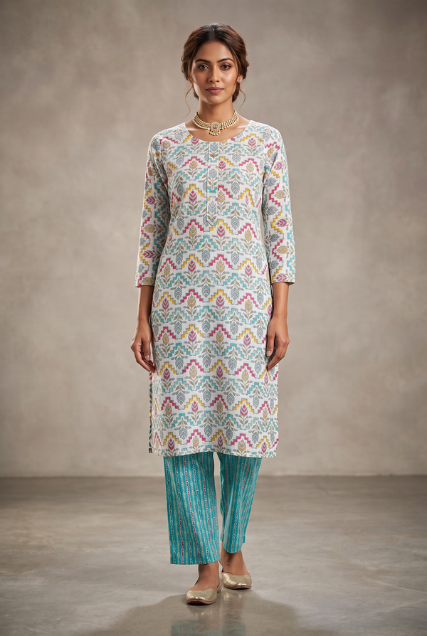 Cream Cotton Kurta Set – Printed Kurti with Elastic Pant