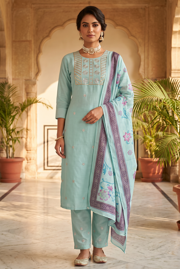 Sea Green Salwar Kameez – Roman Silk Bead Embroidered 3-Piece