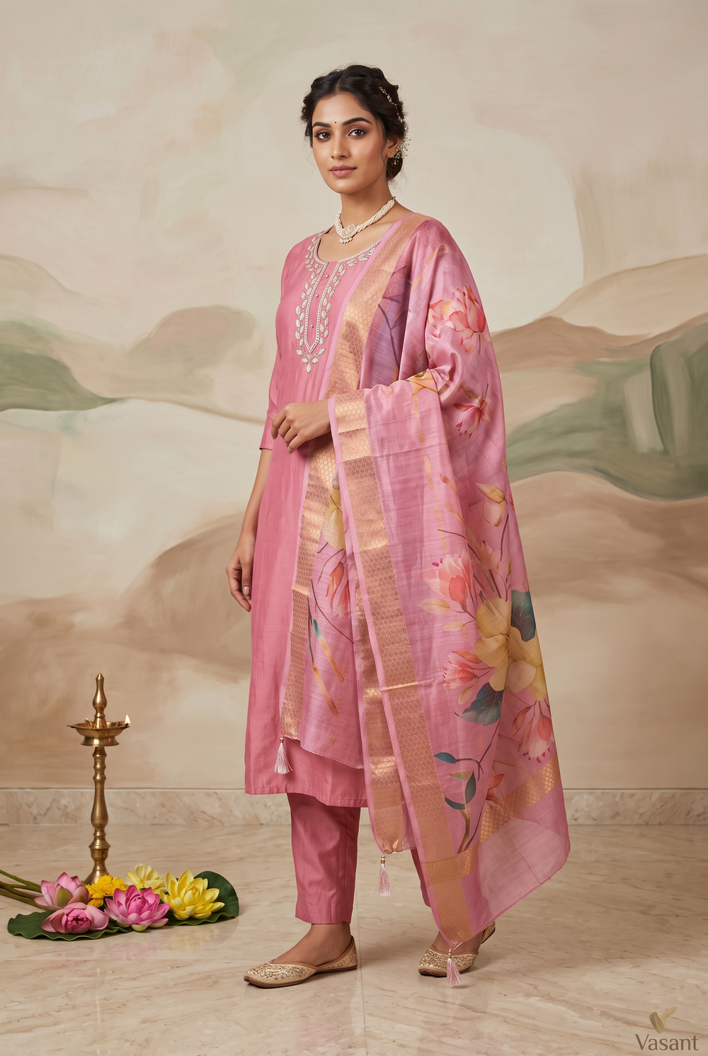 Soft Pink Roman Silk 3-Piece Salwar Kameez Set with Aari & Pearl Neck Embroidery and Organza Digital Dupatta