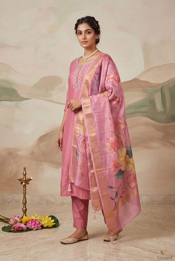 Soft Pink Roman Silk 3-Piece Salwar Kameez Set with Aari & Pearl Neck Embroidery and Organza Digital Dupatta