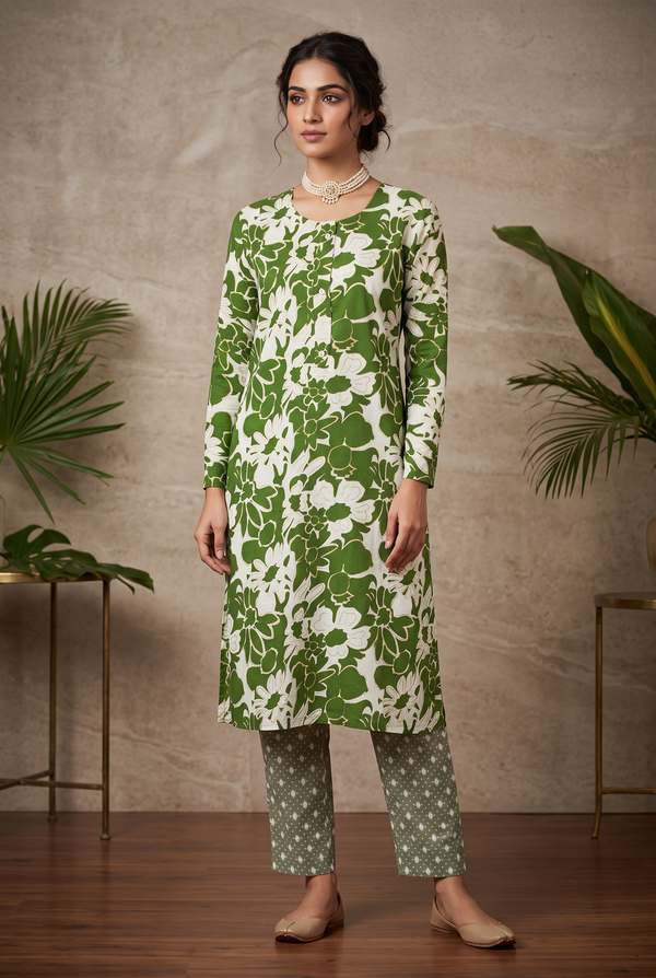 Green Cotton Kurta Set – Floral 2-Piece with Elastic Pant