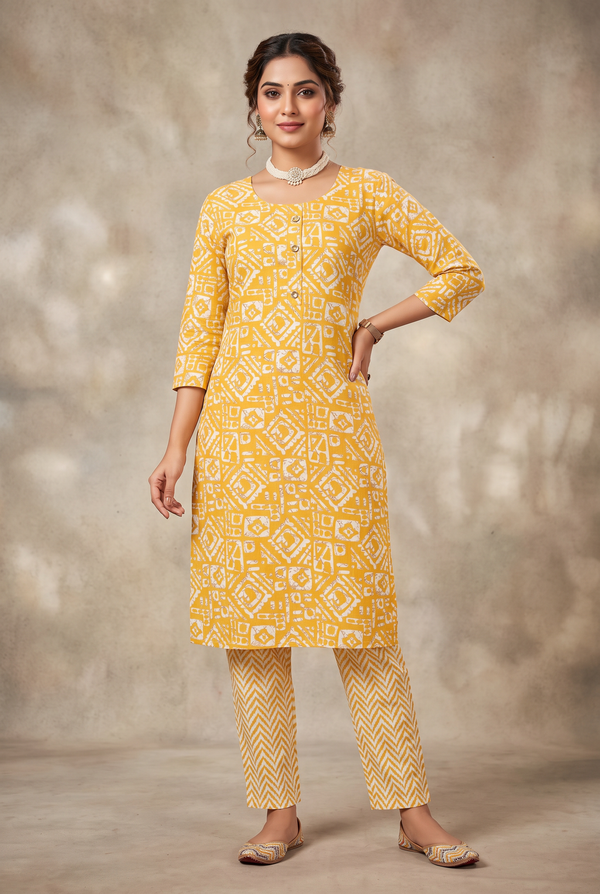 Yellow Cotton Kurta Set – Traditional 2-Piece for Women