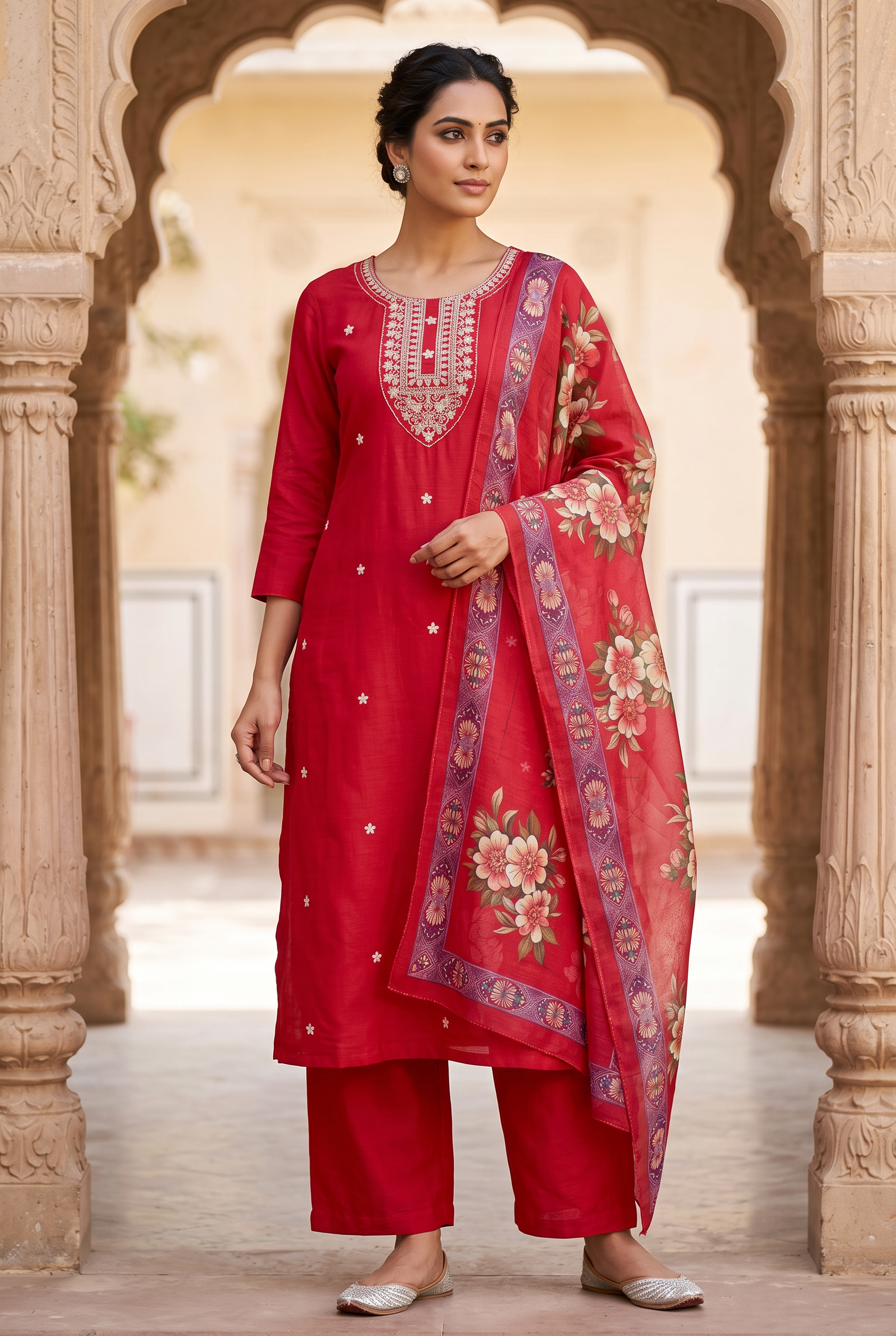 Dark Pink Salwar Kameez – Roman Silk Zari Embroidered 3-Piece