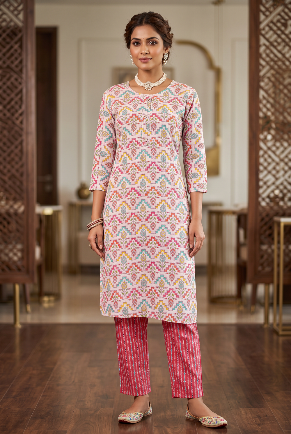 Cream Cotton Kurta Set – Printed Kurti with Red Elastic Pant