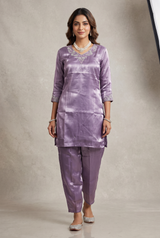 Purple Satin Silk Embroidered Kurti Co-Ord Set with Elastic Pants V-Neck