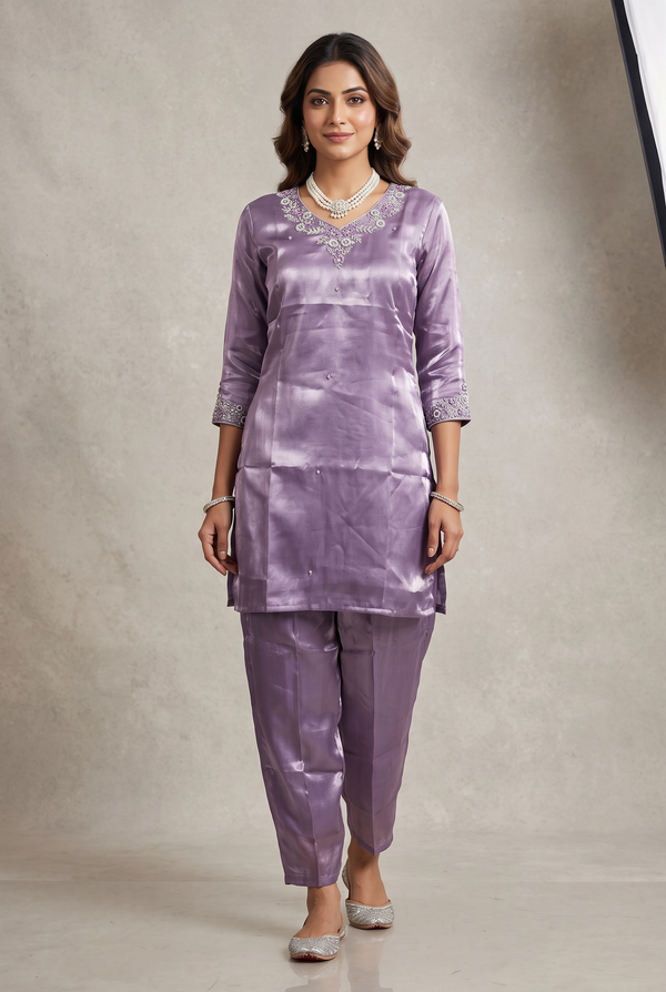 Purple Satin Silk Embroidered Kurti Co-Ord Set with Elastic Pants V-Neck
