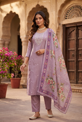 Lilac Salwar Kameez – Roman Silk Zari Embroidered 3-Piece