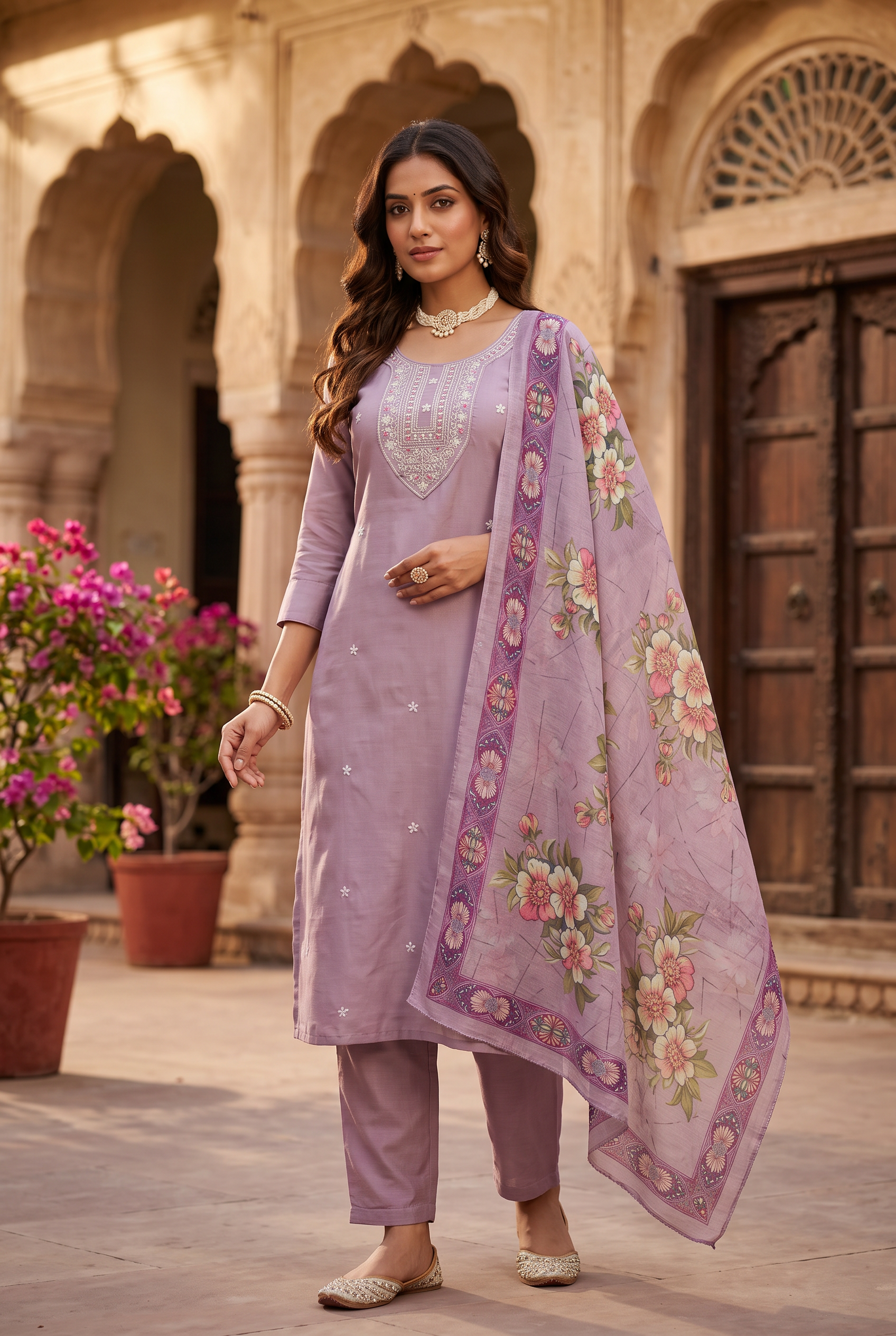 Lilac Salwar Kameez – Roman Silk Zari Embroidered 3-Piece