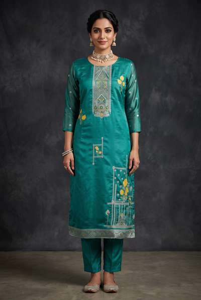 Teal Blue Jacquard Kurti Set with Bead Handwork — 3-Piece Pakistani Style Top, Elastic Pants and Jacquard Dupatta