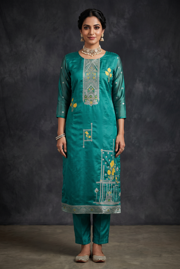 Teal Blue Jacquard Kurti Set with Bead Handwork — 3-Piece Pakistani Style Top, Elastic Pants and Jacquard Dupatta