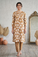 Golden Brown Cotton Kurta Set – Floral Print with Pant