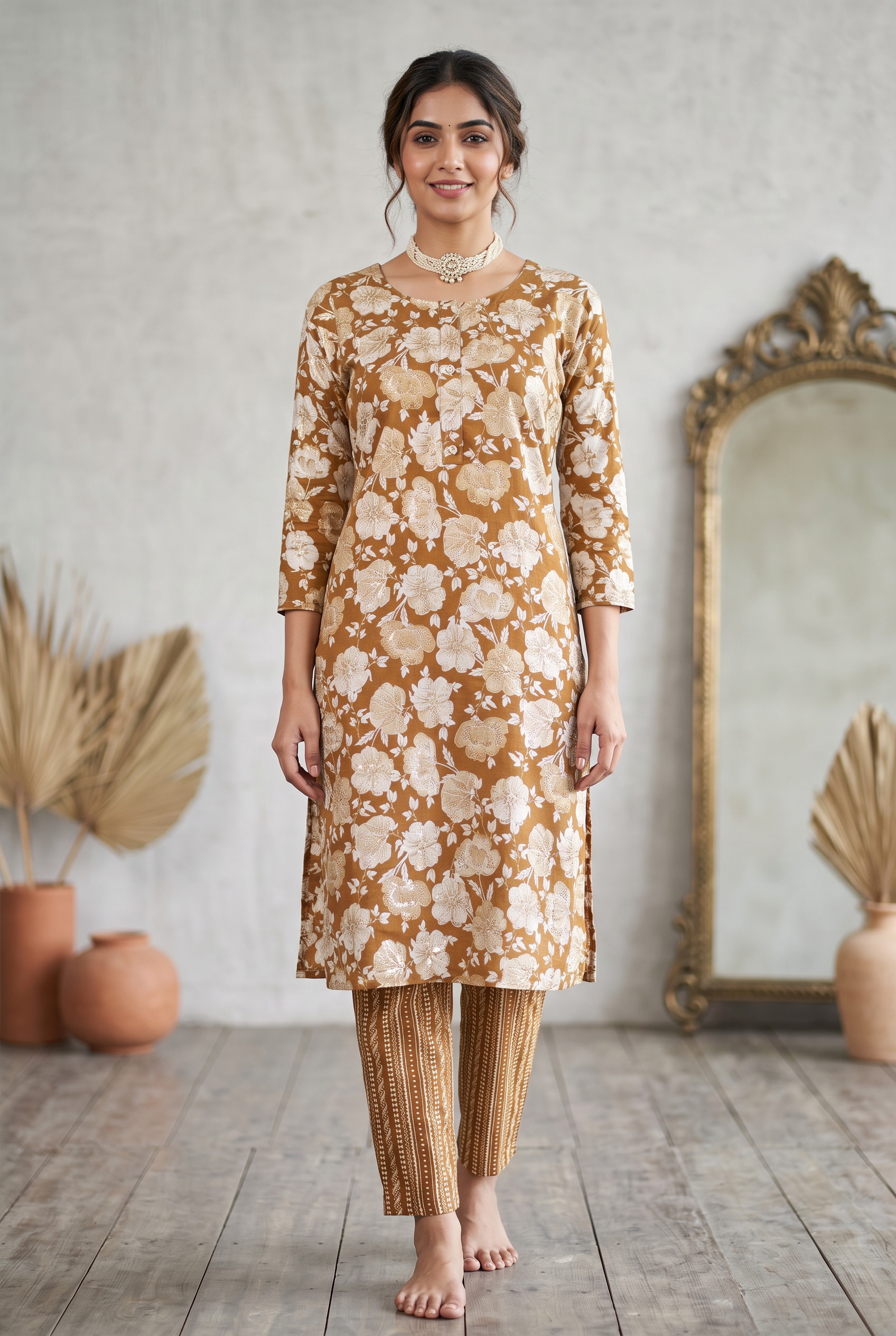 Golden Brown Cotton Kurta Set – Floral Print with Pant
