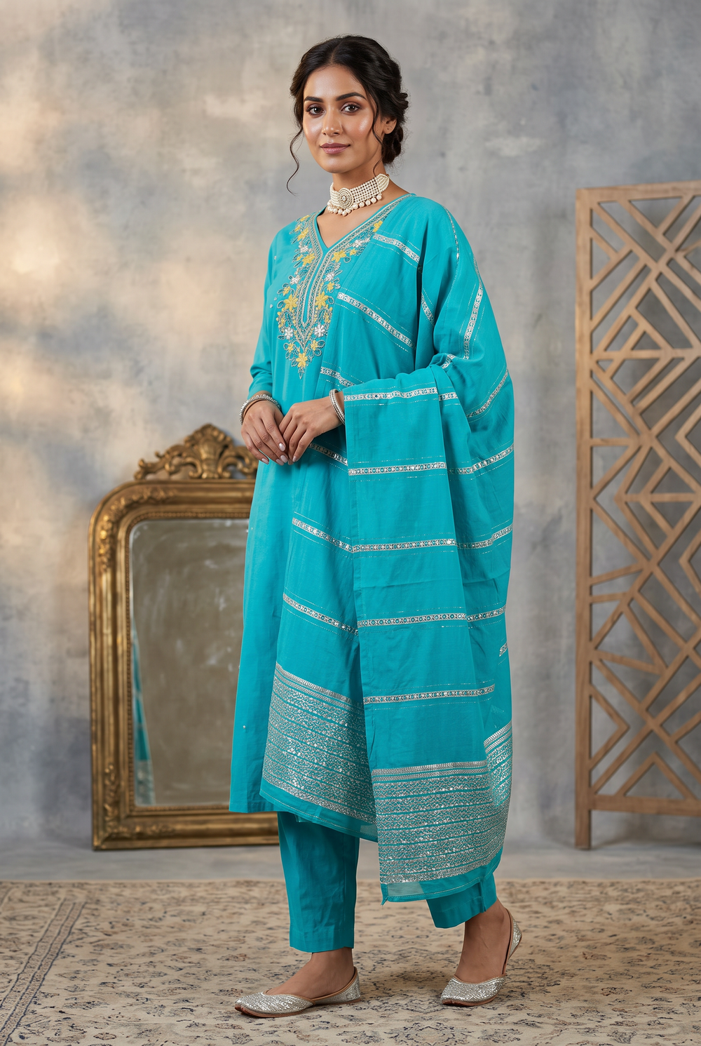 Teal Blue Roman Silk 3-Piece Kurta Set with Embroidered V-Neck and Dupatta