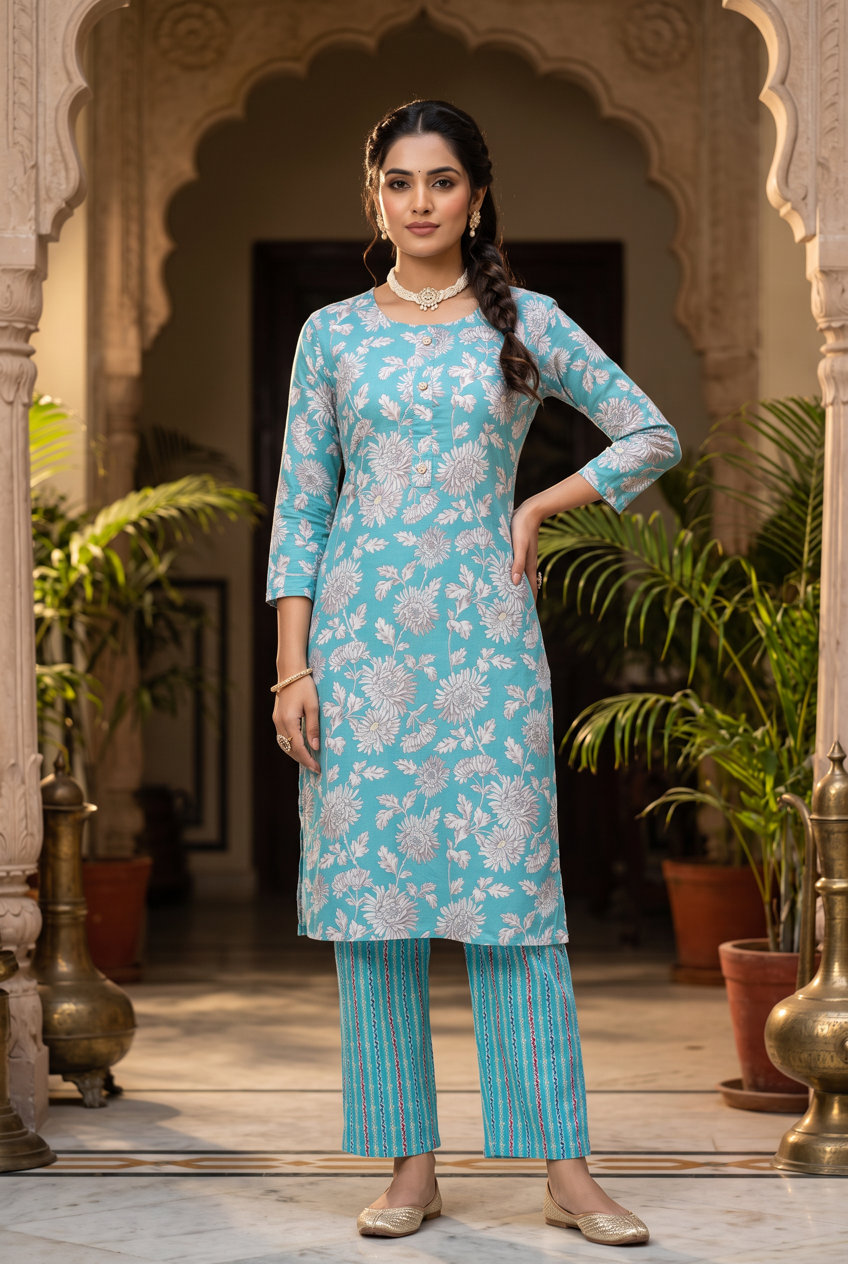 Blue Cotton Kurta Set – Floral 2-Piece with Pant