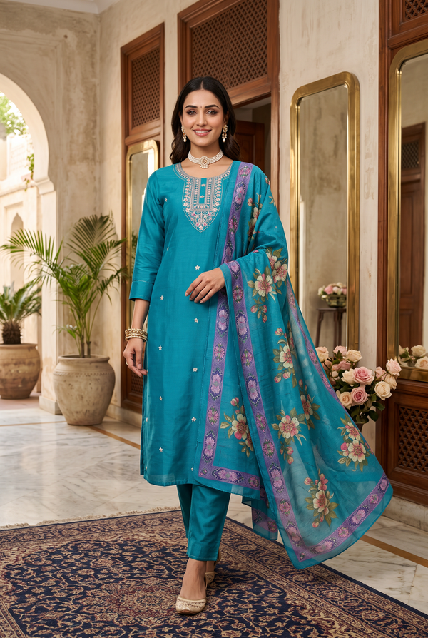 Teal Salwar Kameez – Roman Silk 3-Piece with Digital Dupatta