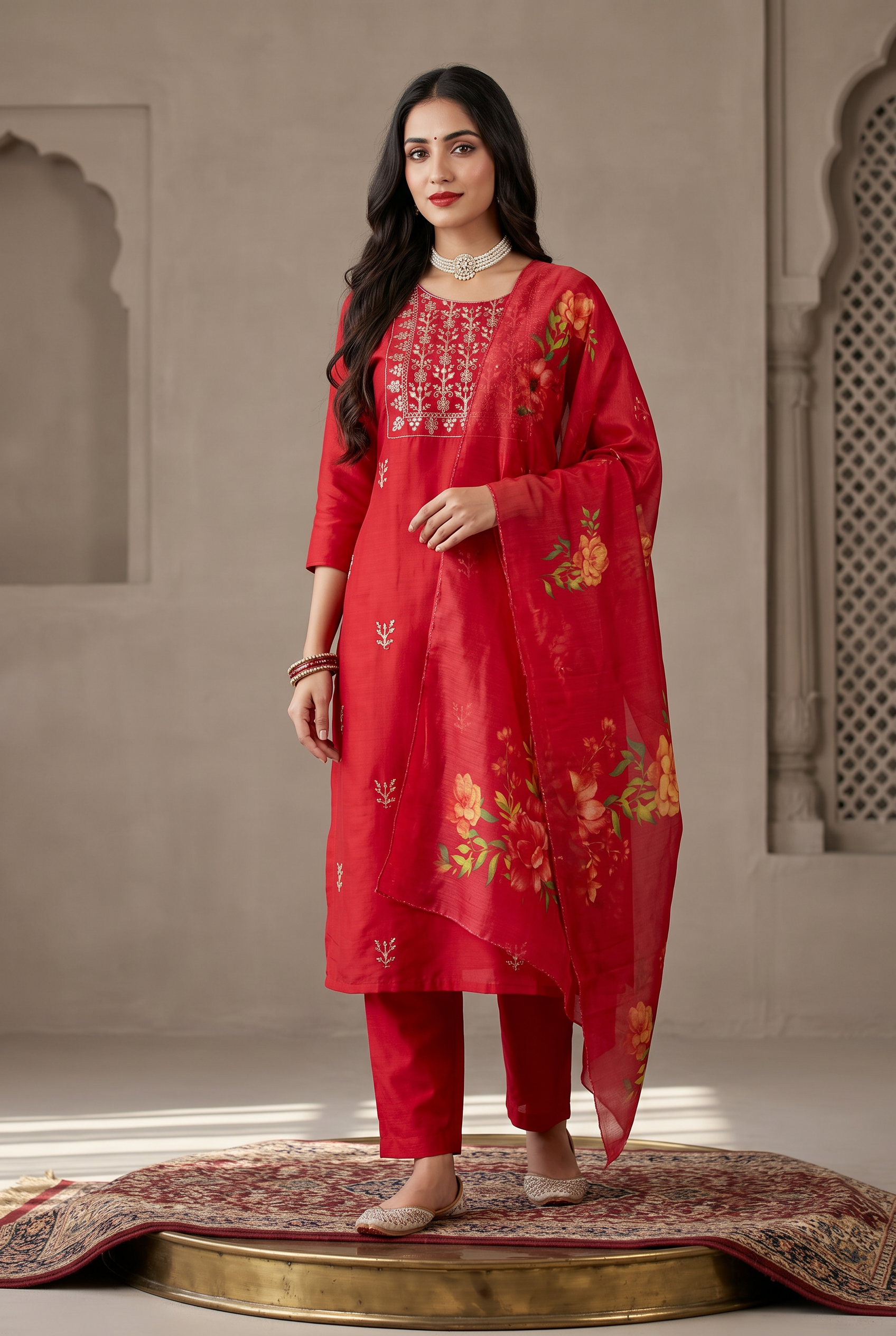 Dark Pink Salwar Kameez – Roman Silk Zari Embroidered 3-Piece
