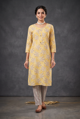 Mustard Cotton Kurta Set – Floral Printed Kurti with Pant