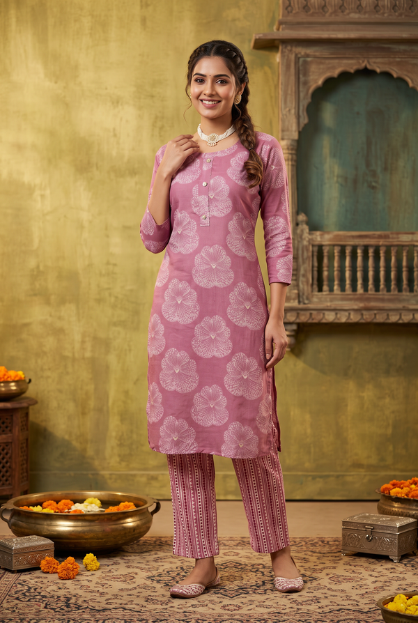 Onion Pink Kurta Set – Floral Rayon Kurti with Printed Pant
