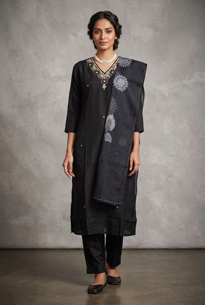 Black Silk 3-Piece Pakistani Salwar Suit with Embroidered V-Neck and Organza Dupatta