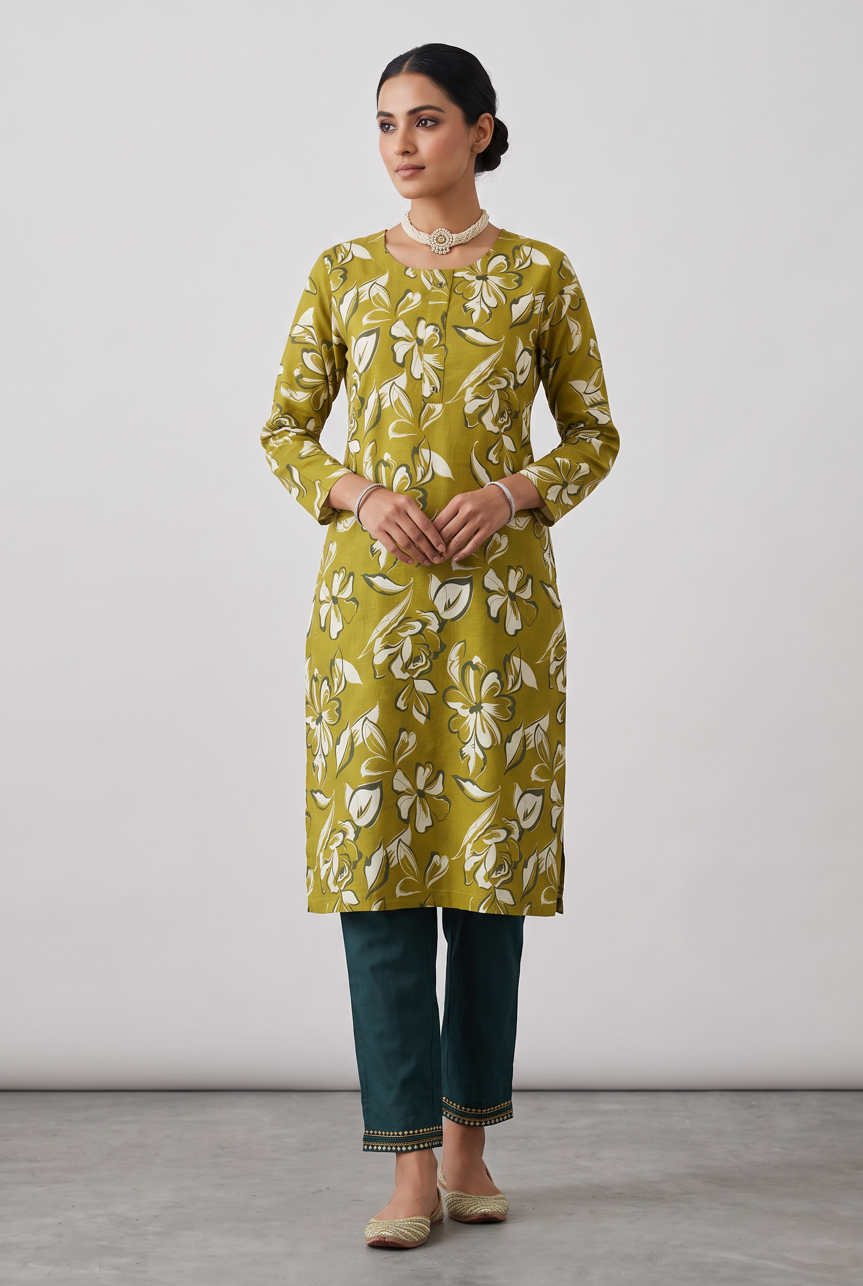 Olive Green Cotton Kurta Set – Floral Print 2-Piece