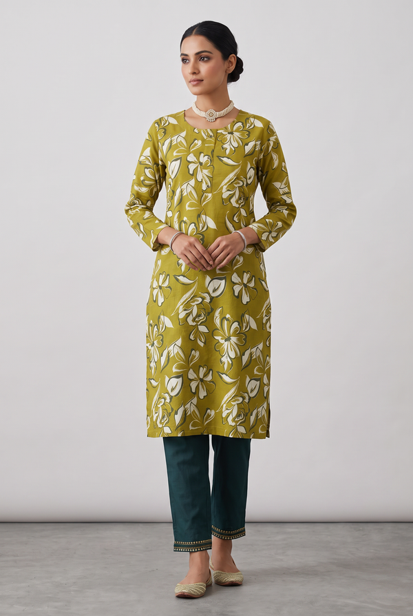 Olive Green Cotton Kurta Set – Floral Print 2-Piece