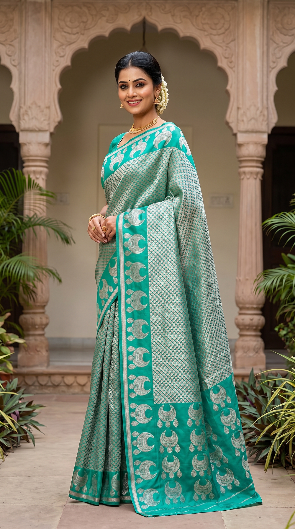 Green Semi Silk Saree with Jhumka Weaving in Pallu and Border, Blouse Piece Included