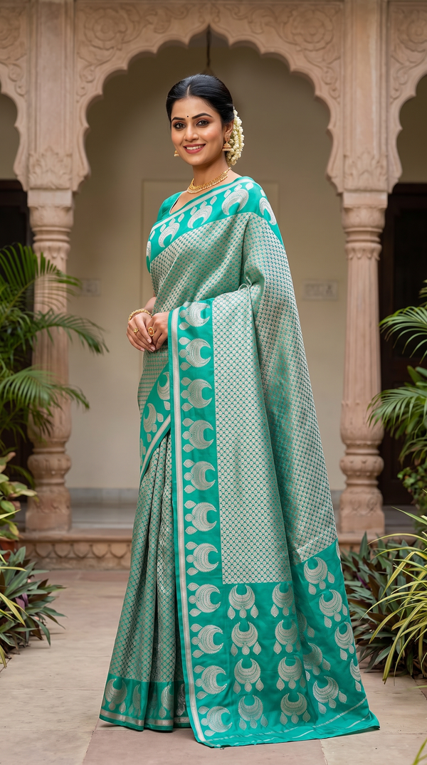 Green Semi Silk Saree with Jhumka Weaving in Pallu and Border, Blouse Piece Included