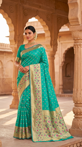 Green Paithani Silk Saree with Floral Pallu and Design Border, Full-Body Butti, Comes with Blouse