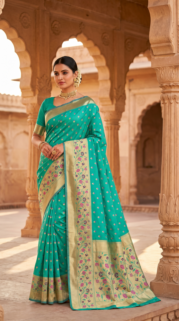 Green Paithani Silk Saree with Floral Pallu and Design Border, Full-Body Butti, Comes with Blouse