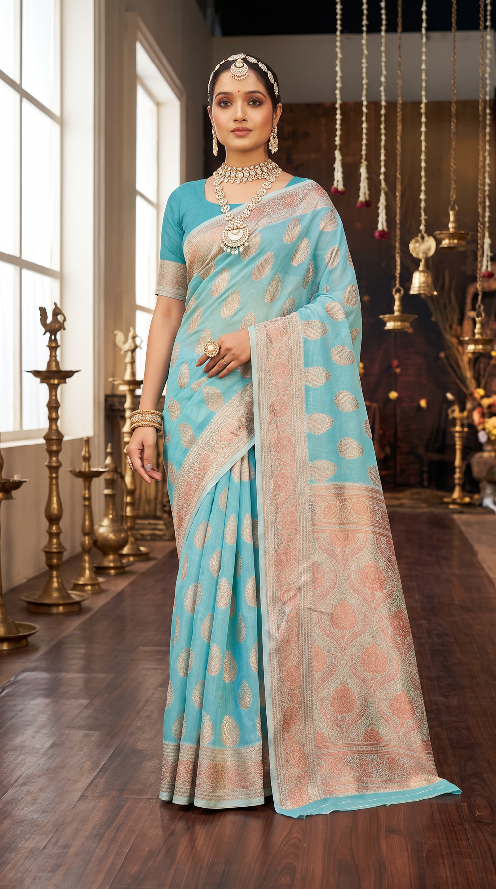 Jungle Green Cotton Shimmer Saree with Stone Work and Grand Pallu, Designer Saree with Blouse