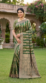 Green Organza Silk Designer Saree with Floral Zari Border and Grand Pallu, Comes with Blouse